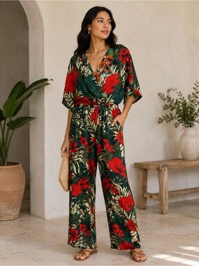 Zara Green Jumpsuit with Red Floral Print